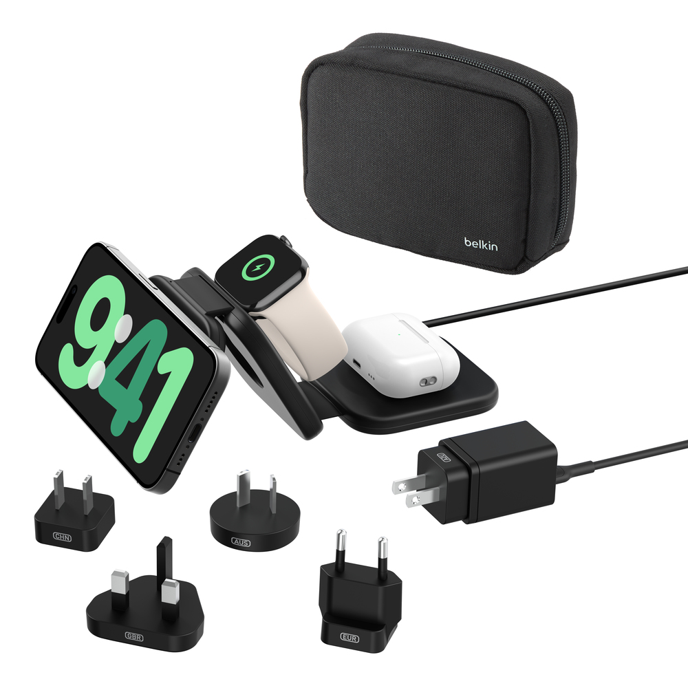 Belkin magnetische Reiseladestation mit Power Adapter, Schwarz, 3 in 1, 15W