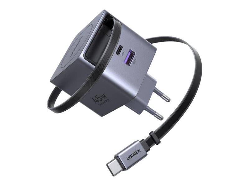 UGREEN 45W Nexode Pro GaN Power Adapter mit ausziehbarem USB-C Kabel, Grau