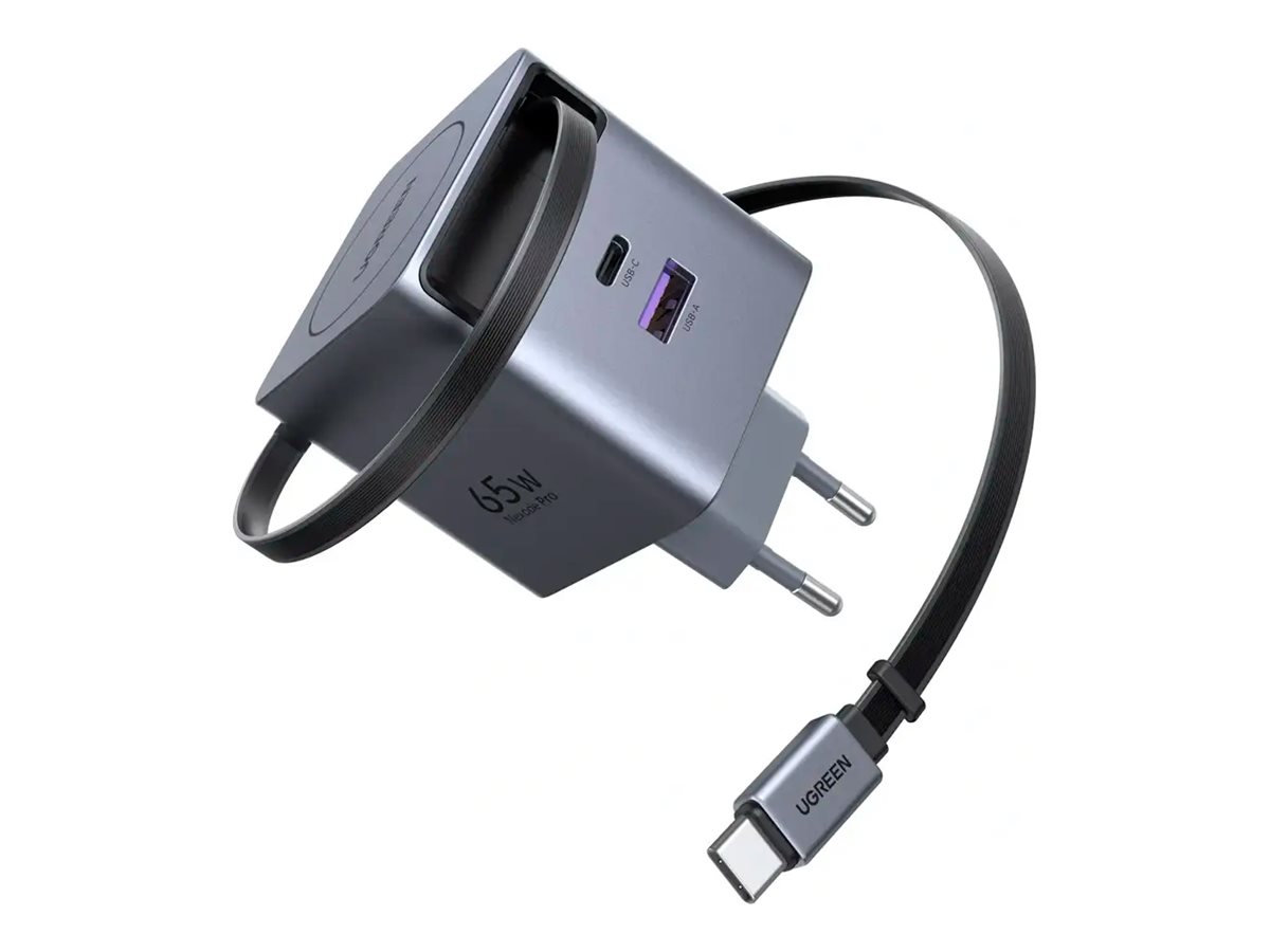 UGREEN 65W Nexode Pro GaN Power Adapter mit ausziehbarem USB-C Kabel, Grau