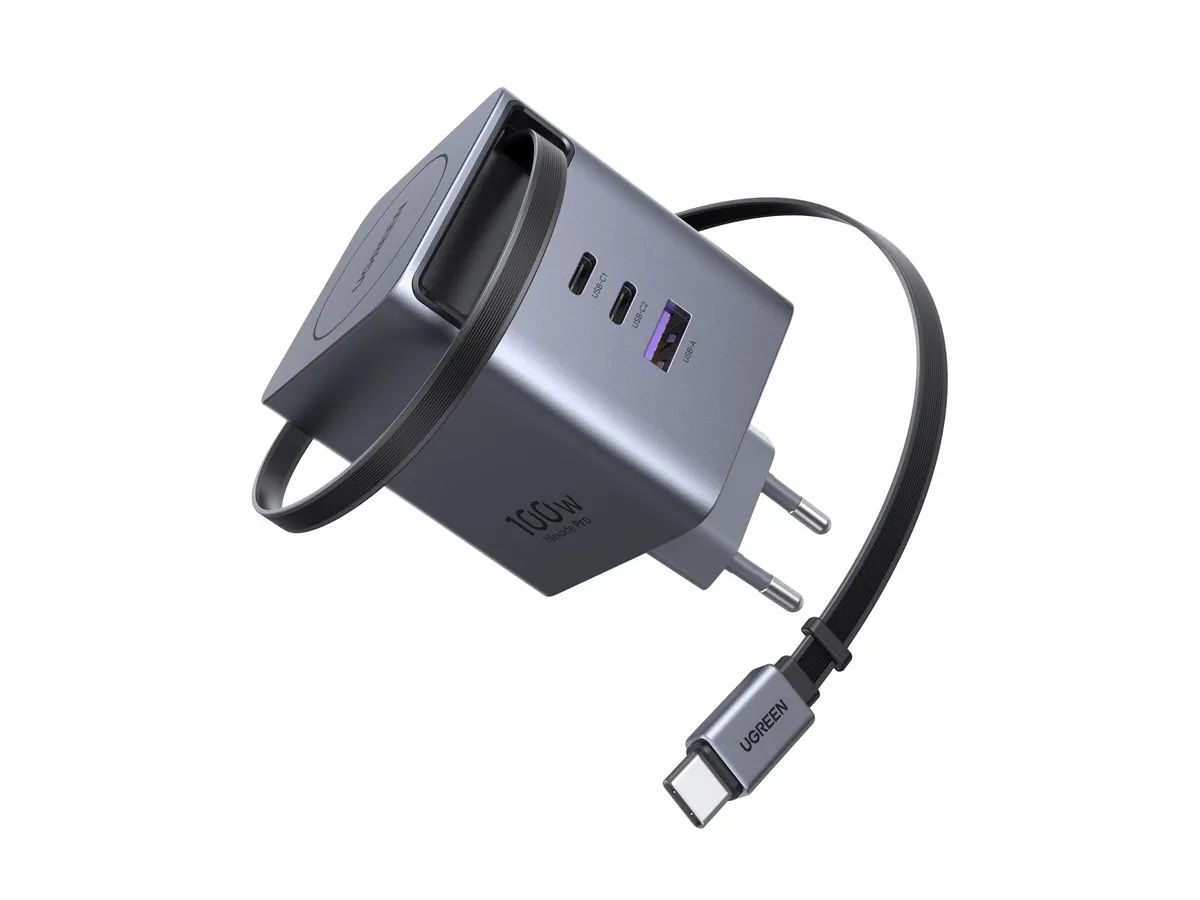 UGREEN 100W Nexode Pro GaN Power Adapter mit ausziehbarem USB-C Kabel, Grau