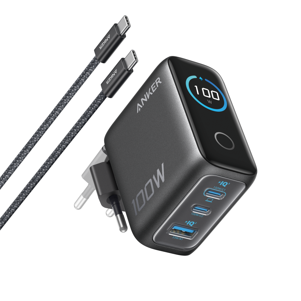 Anker 3 Ports Power Adapter mit Smart Display, Dunkelgrau, USB-C, USB-A, 100W