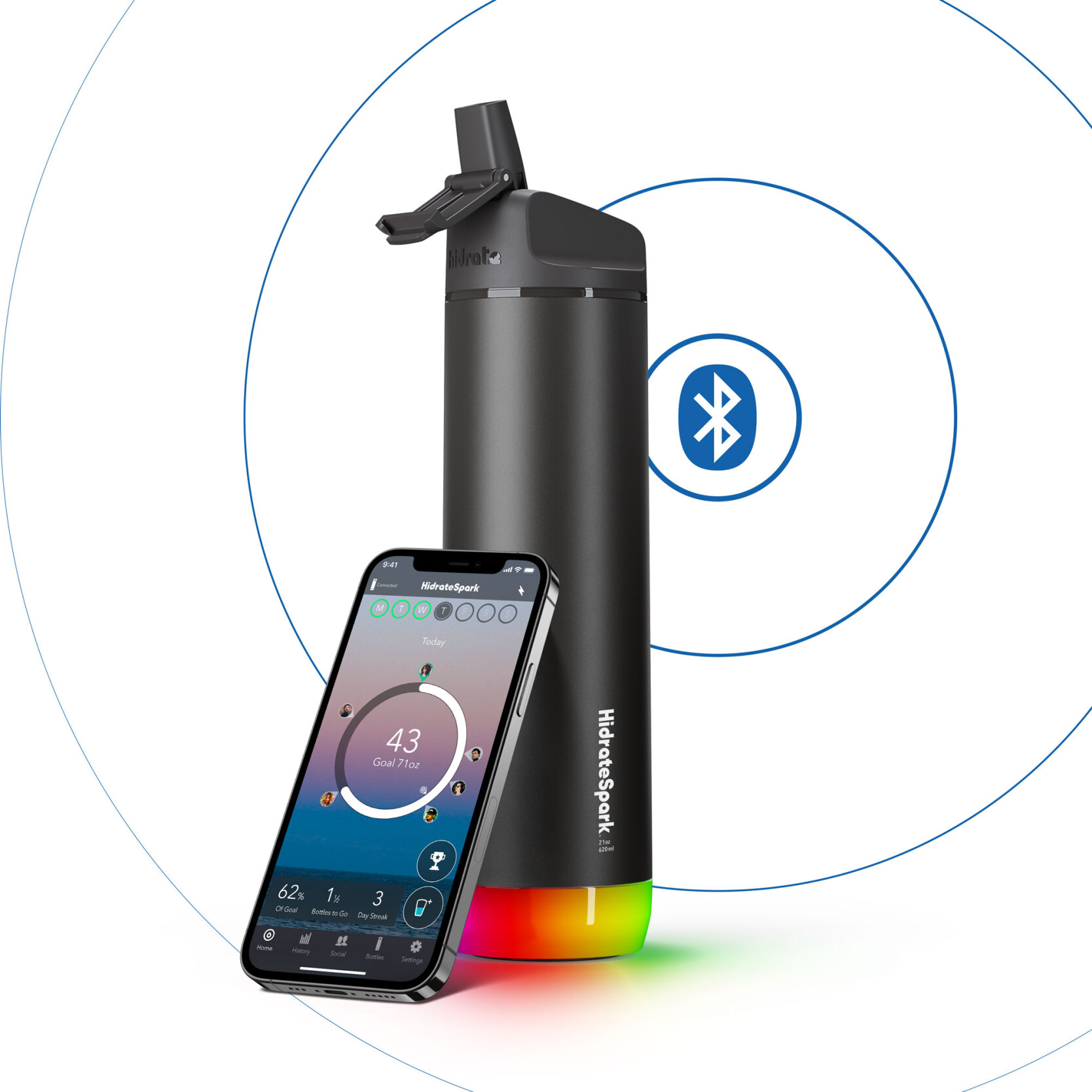 HidrateSpark Pro Steel intelligente Trinkflasche, Schwarz, Chug, 620ml, Trinkbehälter