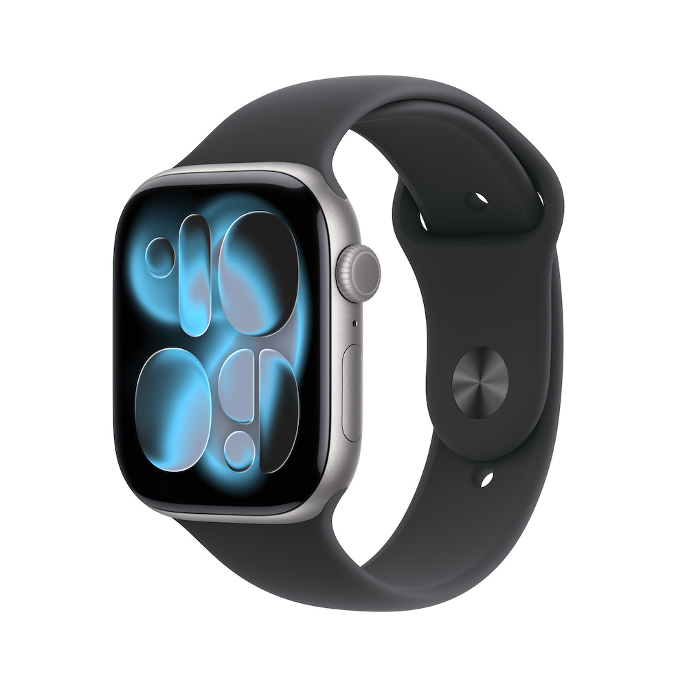 Apple Watch Series 11 Sportarmband, Space Grau, Schwarz, Aluminium, 46mm, GPS + Cellular, S/M